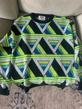 Tyrolean Neon Green & Blue Geometric Crewneck Sweater